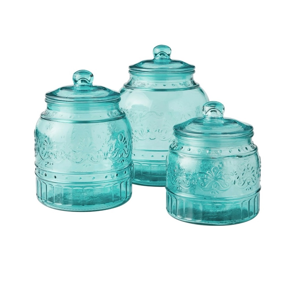 Pioneer Woman Cassie Glass Container; 3 piece set; Color:Teal